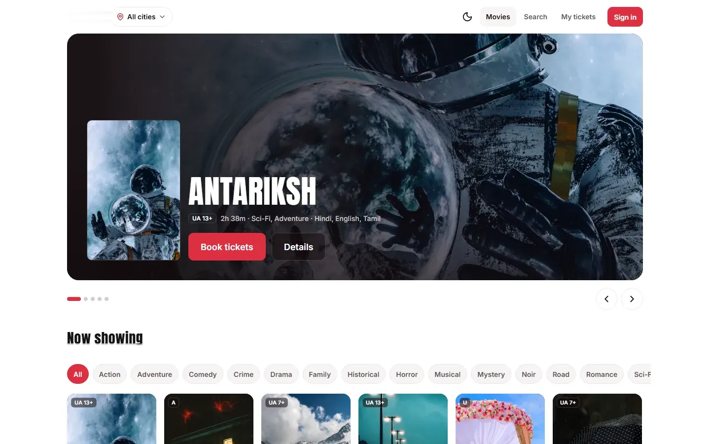 Customer discovery: HQ-curated hero slides, now showing and coming soon, filtered by venue, genre and language.